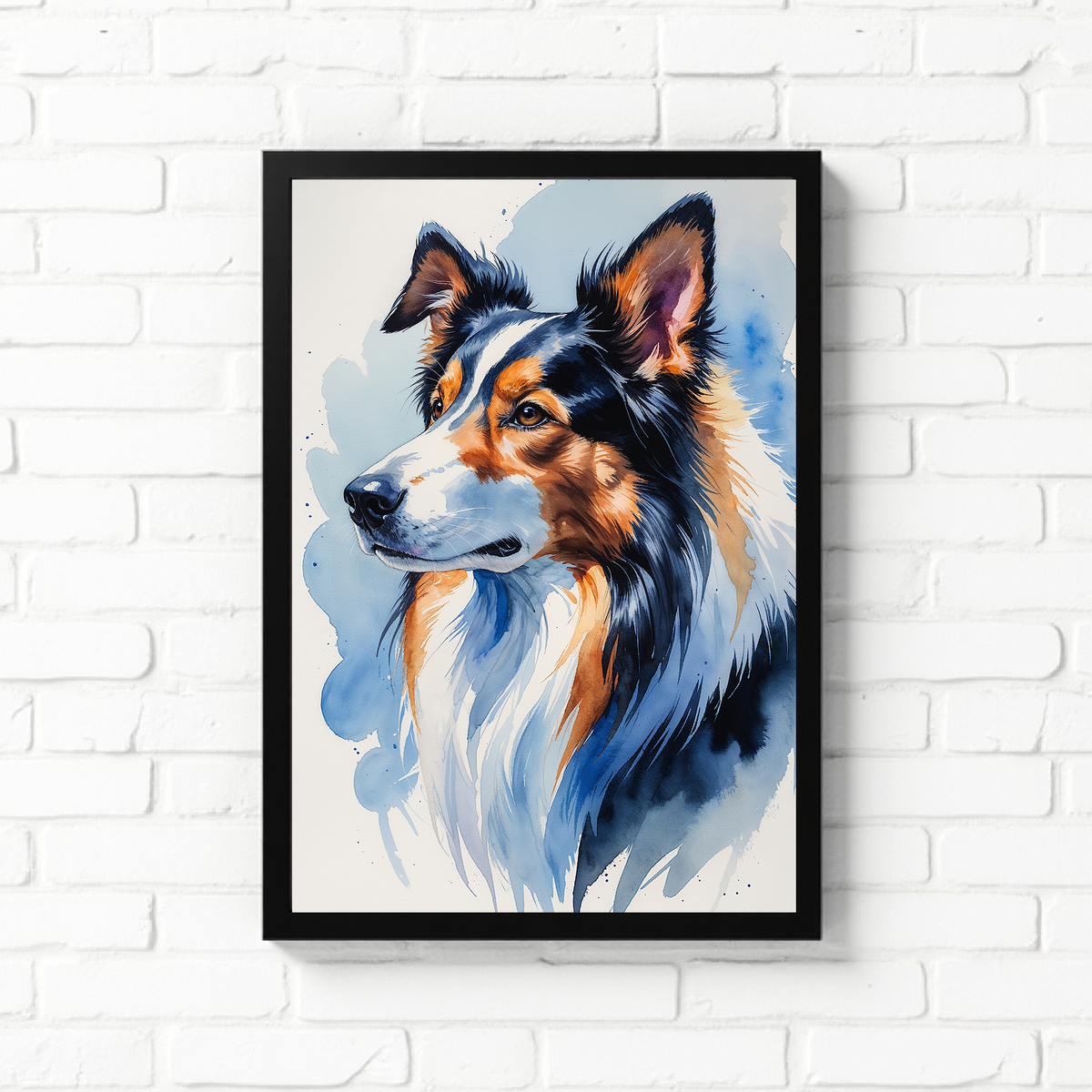 Watercolor Sheltie dog portrait with blue watercolor background