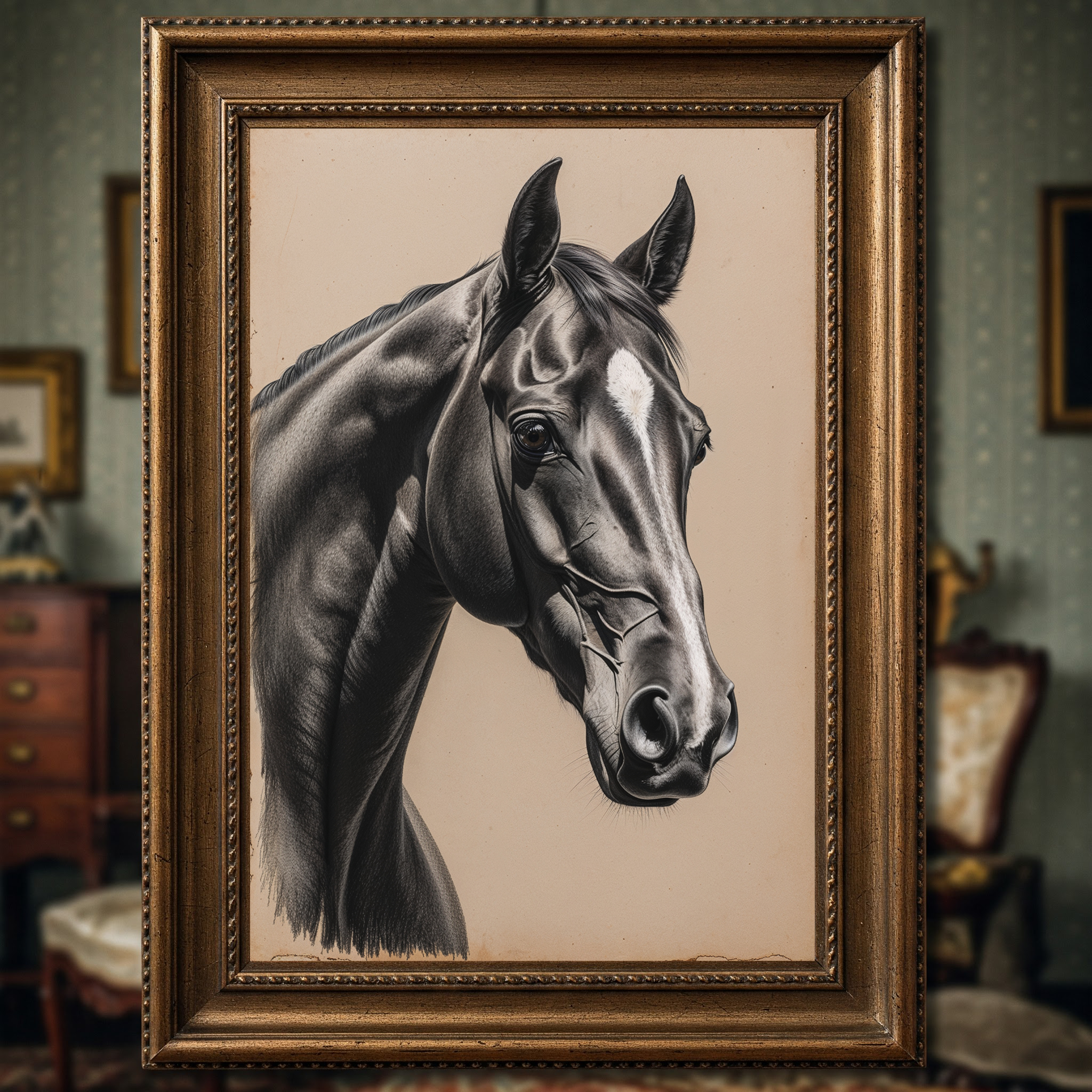 Vintage Horse Portrait Sketch | Elegant Black and White Equestrian Wall Art Print