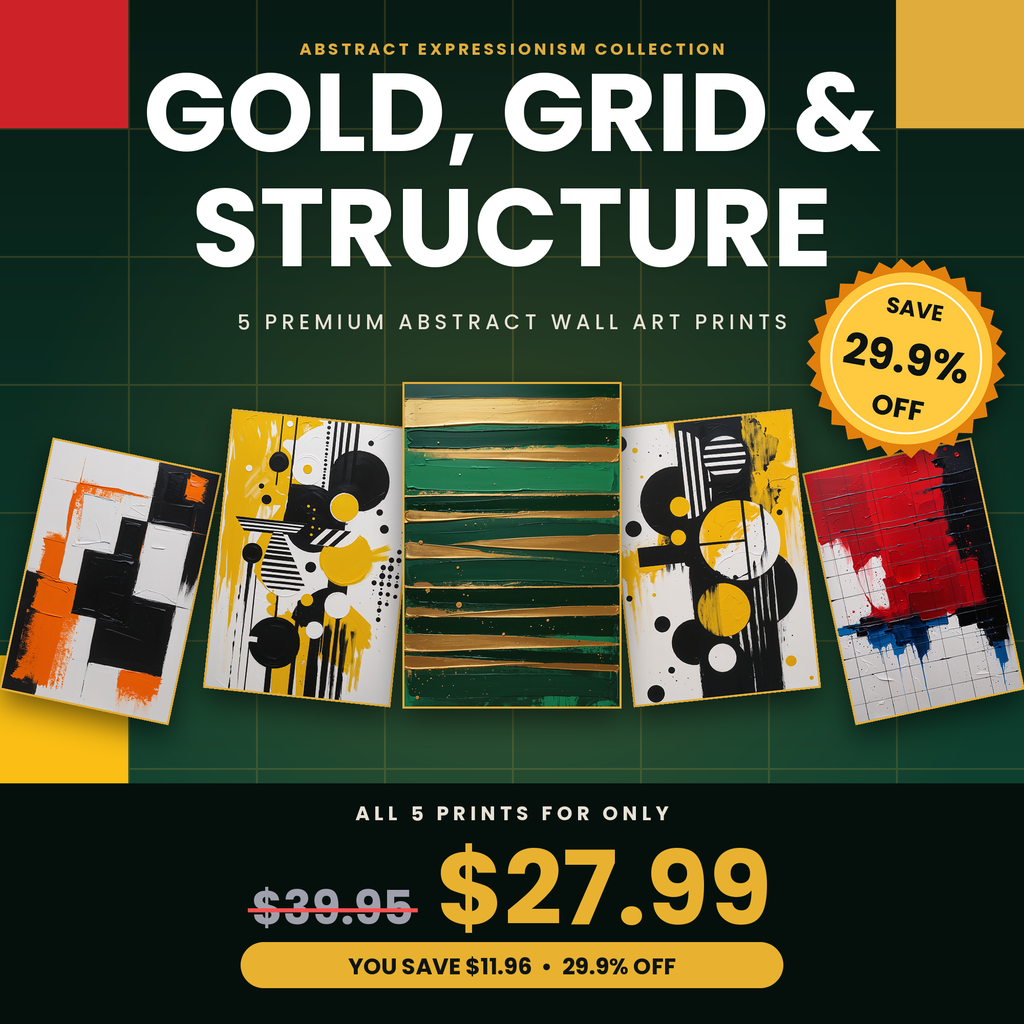 Gold, Grid & Structure - 5 Premium Abstract Wall Art Prints Bundle