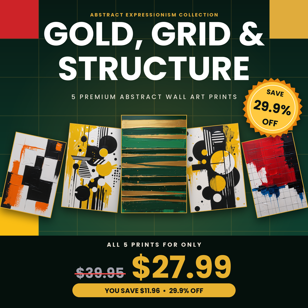 Gold, Grid & Structure - 5 Premium Abstract Wall Art Prints Bundle