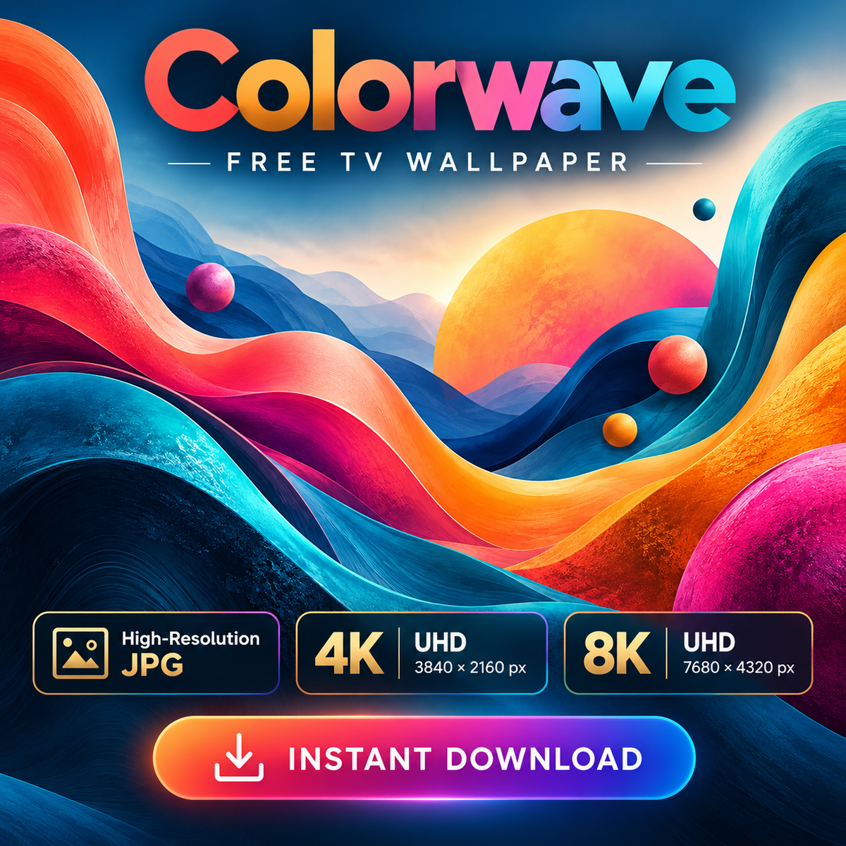 Colorwave free TV wallpaper with vibrant coral, turquoise and blue flowing abstract forms and 4K and 8K details