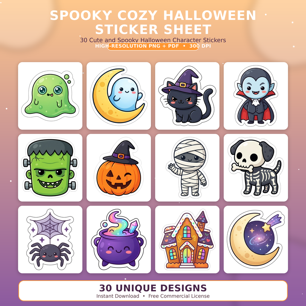 Spooky Cozy Halloween Sticker Sheet - 30 PNG Clipart Pack