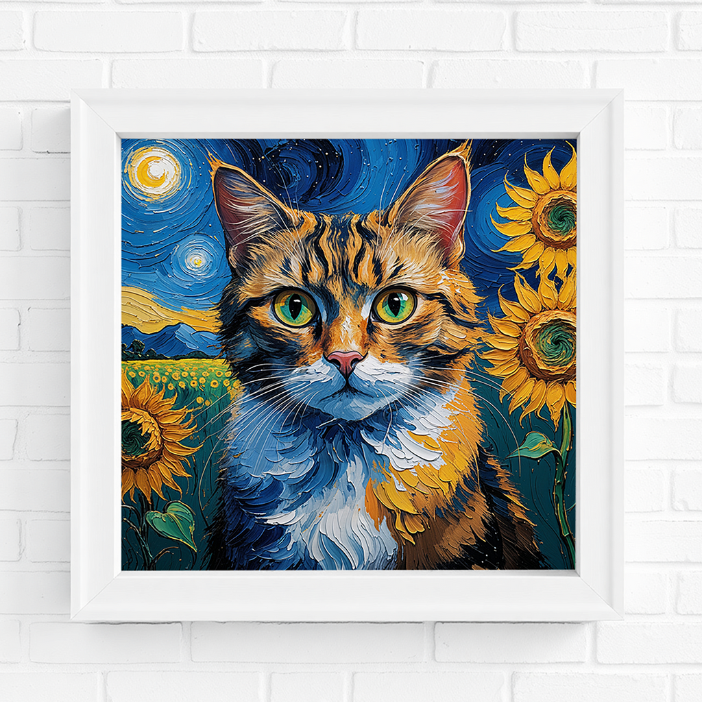 Van Gogh Style Starry Night Cat Sunflower Wall Art