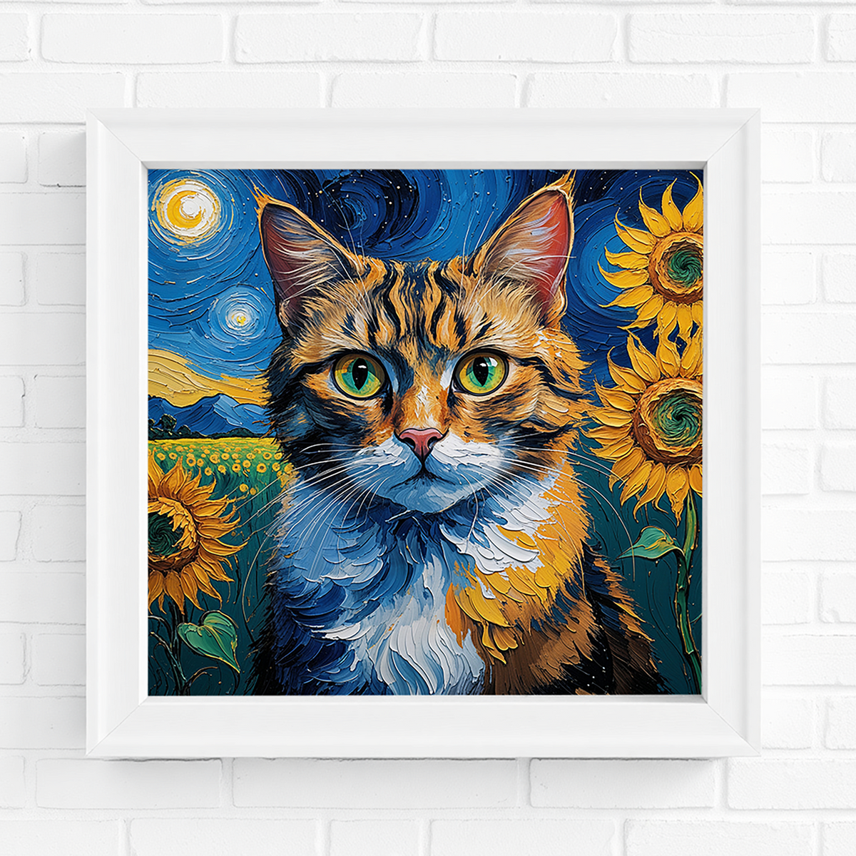 Van Gogh inspired Starry Night cat with sunflowers wall art by Reflectionare