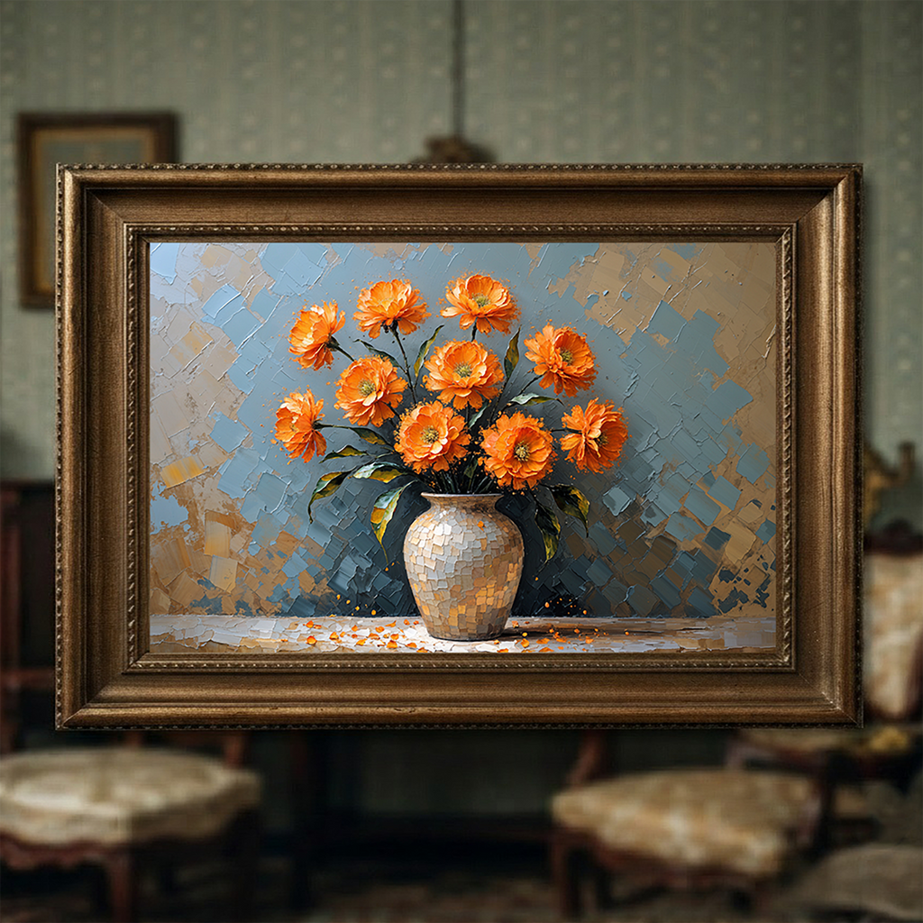 Vintage Orange Flowers Vase Oil Painting | Digital Download