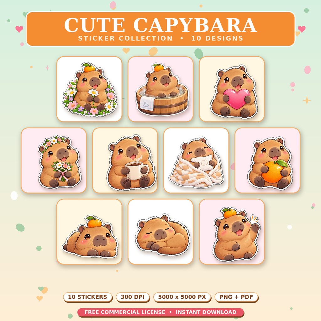 Cute Capybara Sticker Collection - 10 PNG Clipart Pack