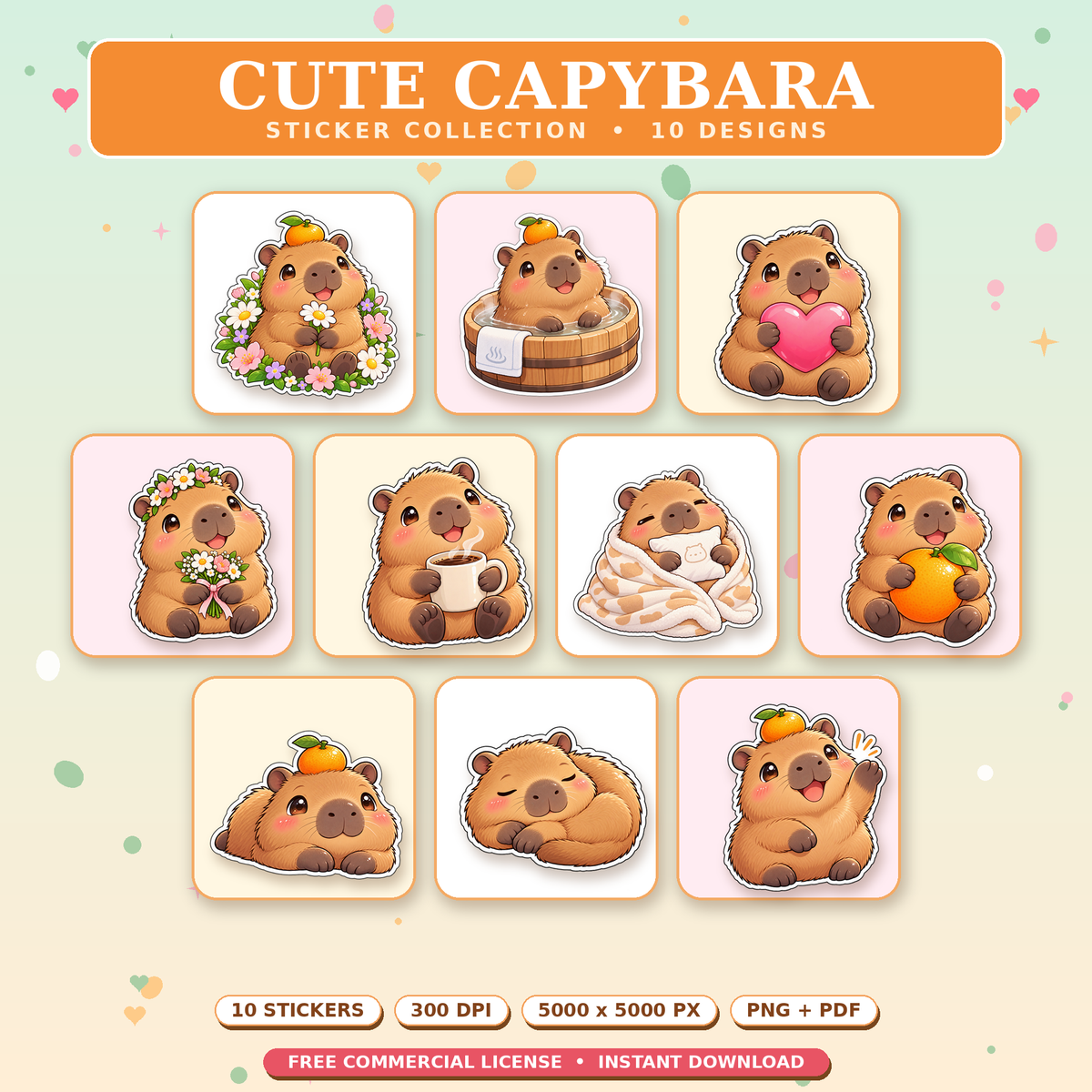 Cute Capybara Sticker Collection - 10 PNG Clipart Pack