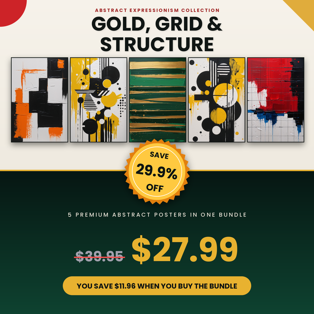 Gold, Grid & Structure - 5 Premium Abstract Wall Art Prints Bundle