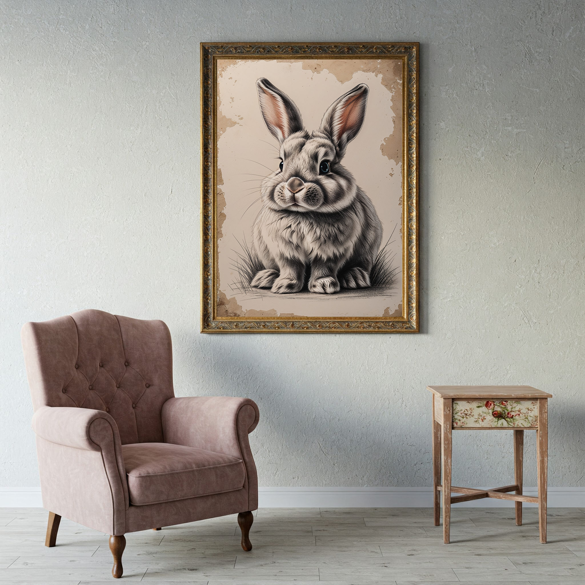 Vintage bunny portrait art print by Reflectionare, retro animal wall decor featuring a detailed digital bunny illustration.