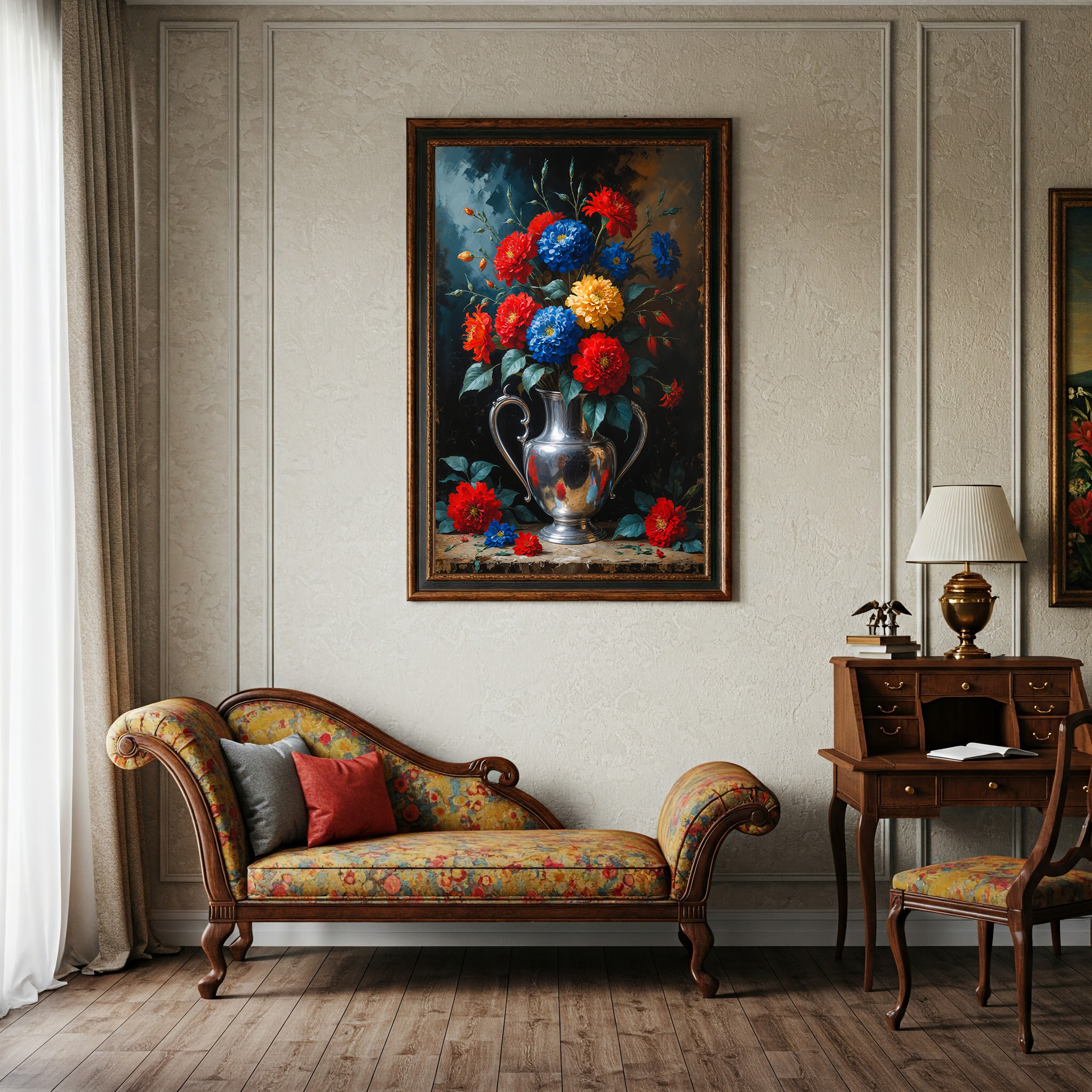 Vintage Silver Vase Red Blue Flowers Painting | Digital Download
