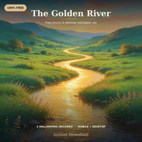 Desktop wallpaper preview of a scenic river and forest landscape in golden sunset light.