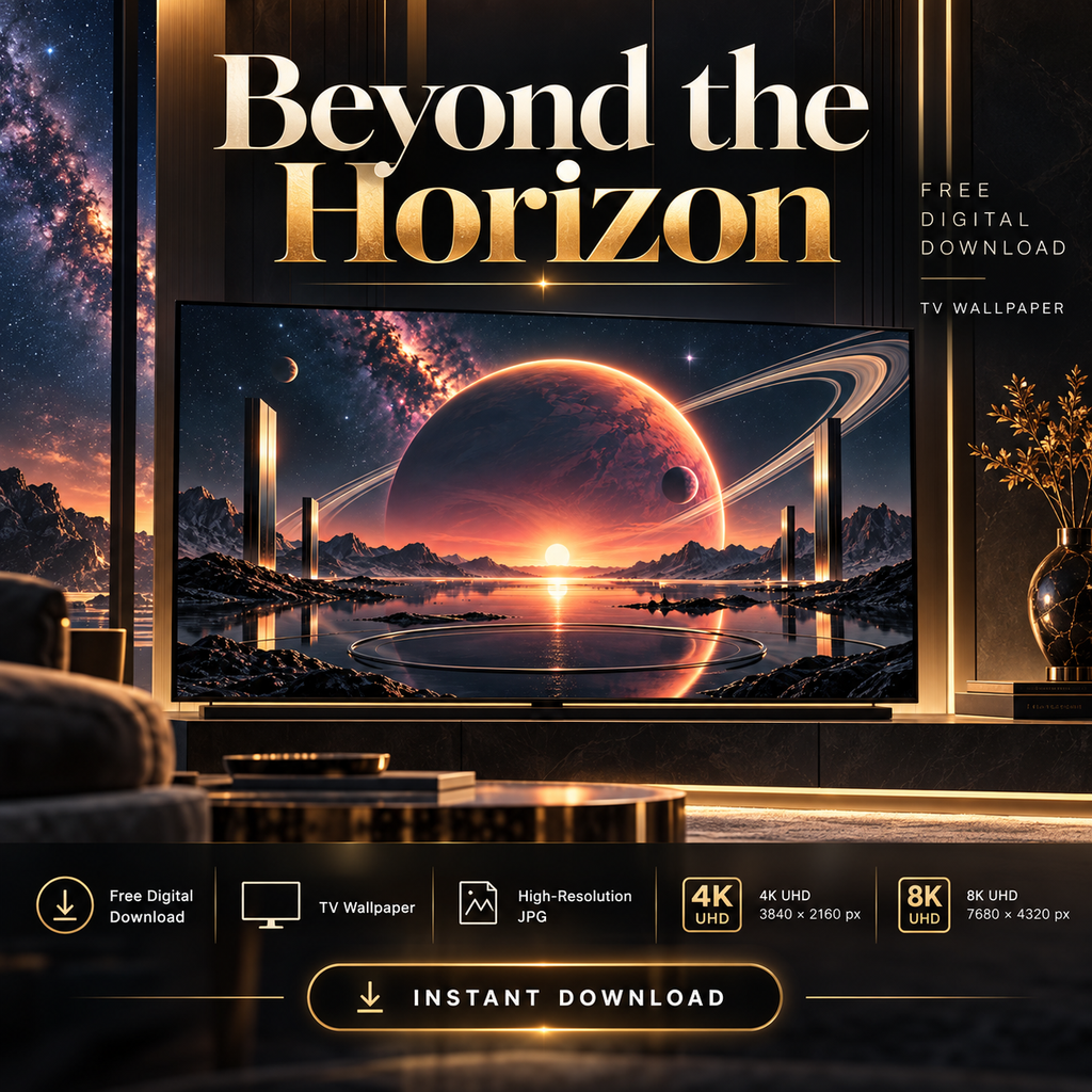 Beyond the Horizon cosmic wallpaper displayed on a television with a ringed planet and sunset skyline