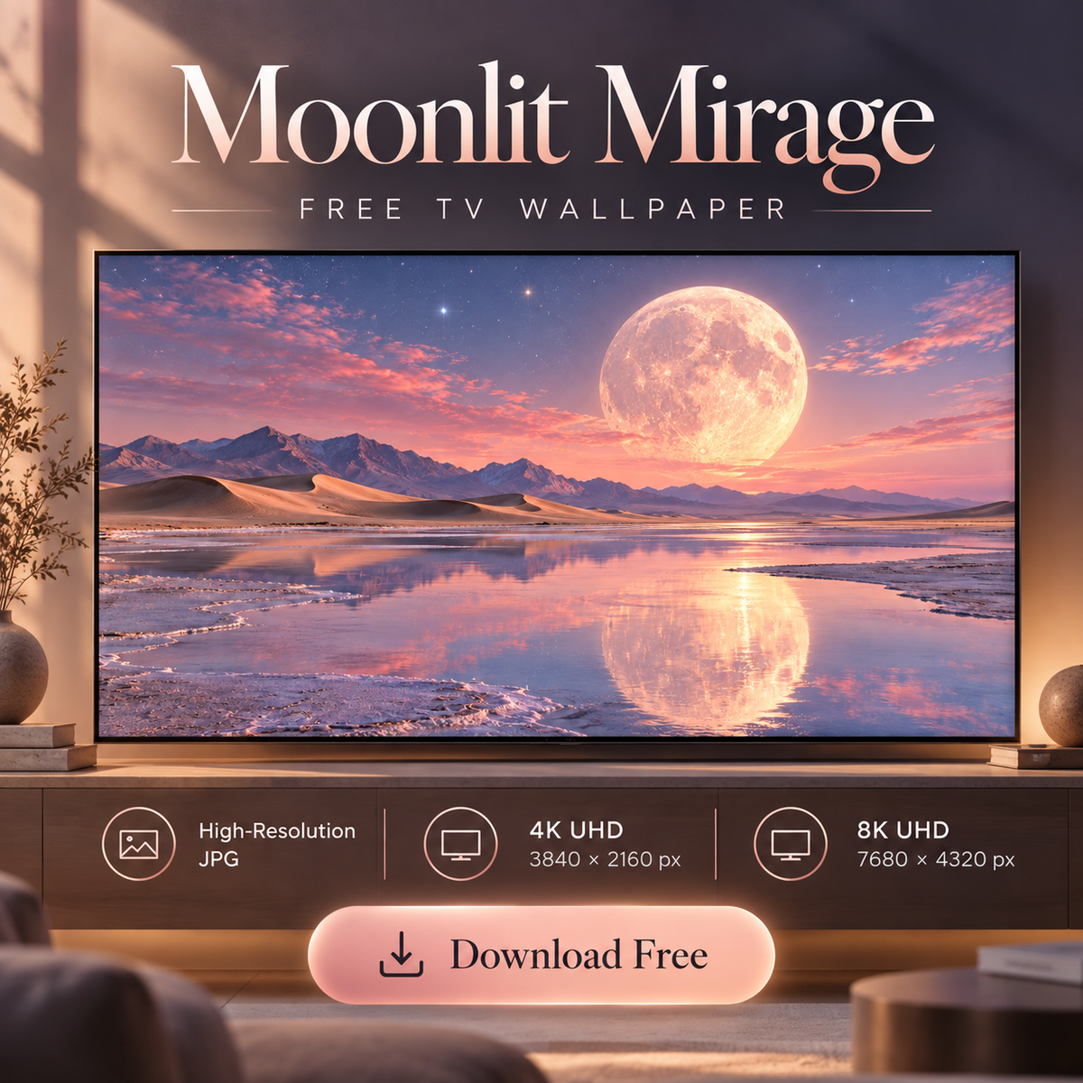 Moonlit Mirage surreal moonlit lake TV wallpaper shown on a modern display