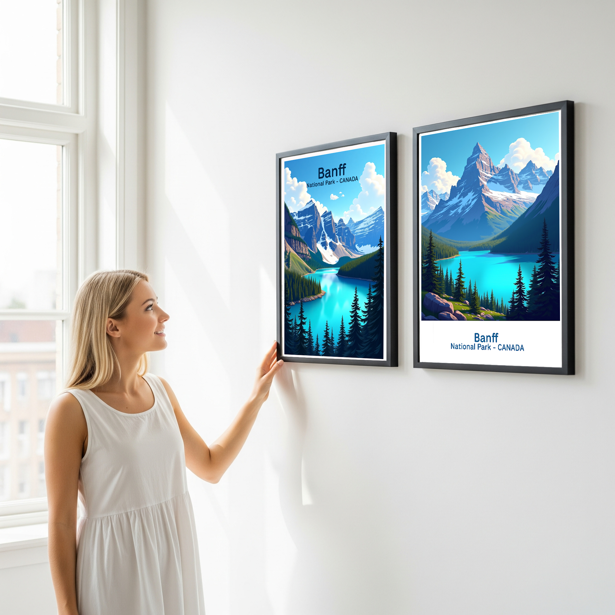 Reflectionare digital art of Banff National Park featuring mountain scenery and lush forests in vibrant colors.