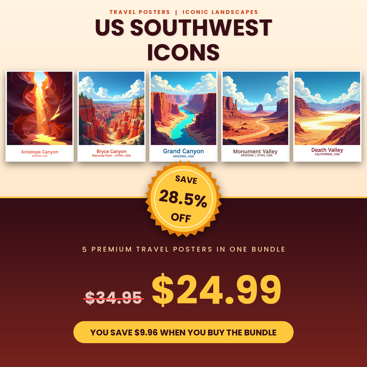 US Southwest Icons - 5 Premium Wall Art Prints Bundle