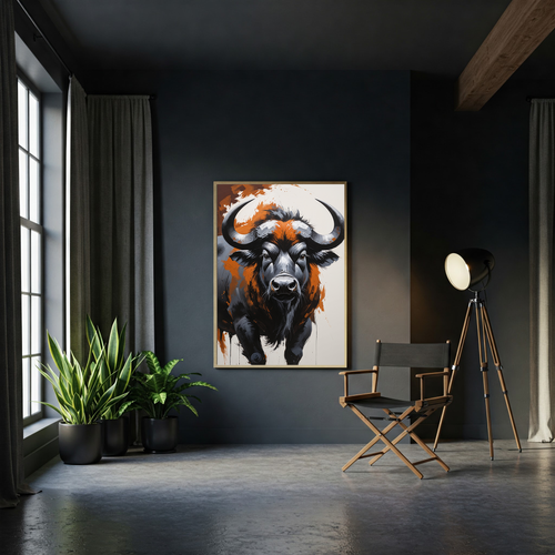 Abstract African buffalo digital art print by Reflectionare, modern wildlife wall decor featuring bold, vibrant animal imagery.