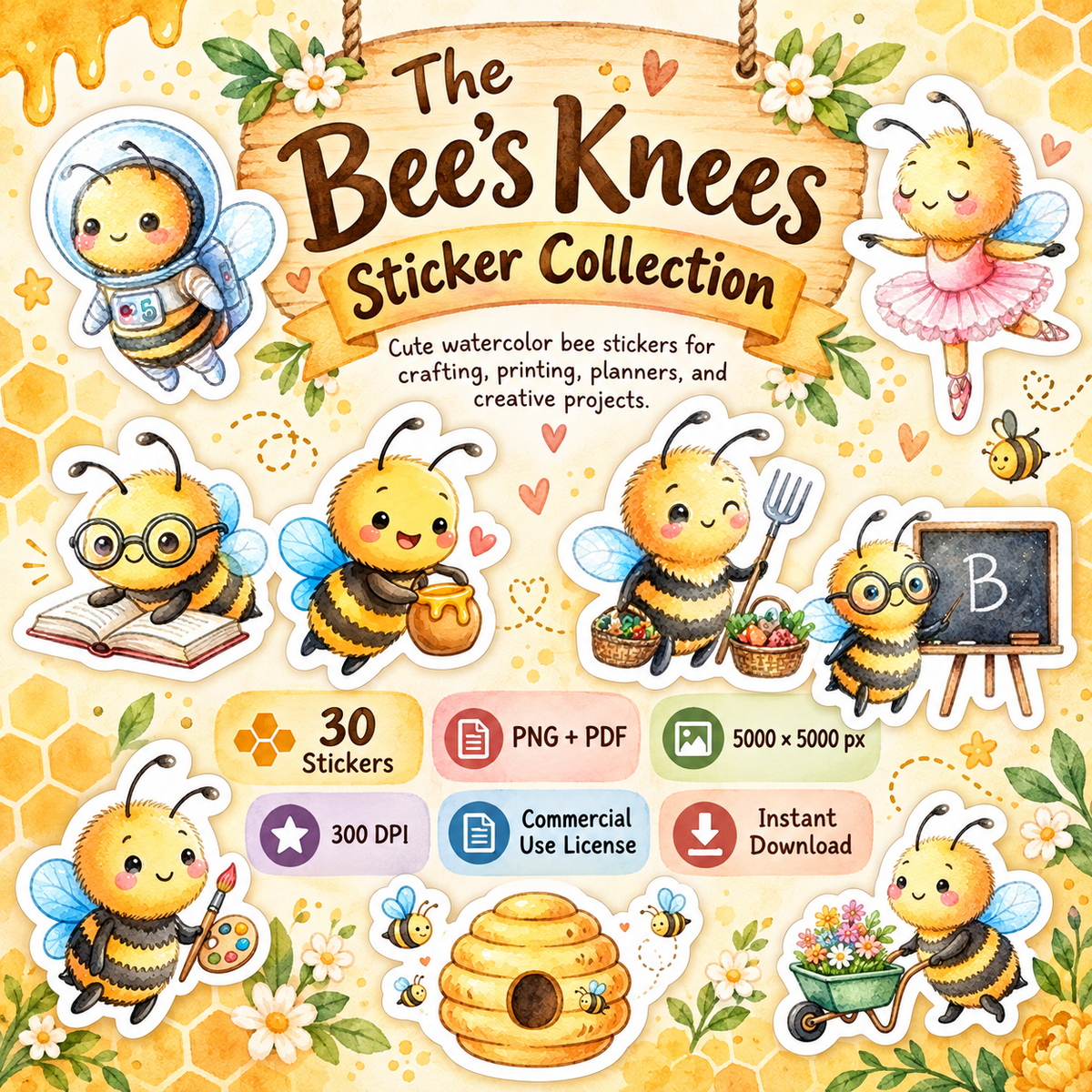 Cute Bumble Bee Stickers PNG Clipart Pack | Digital Download