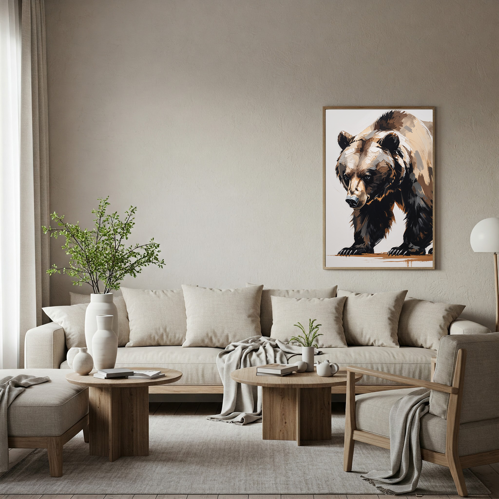 Abstract Bear II digital art print by Reflectionare featuring modern wildlife wall decor with vibrant colors and artistic design.