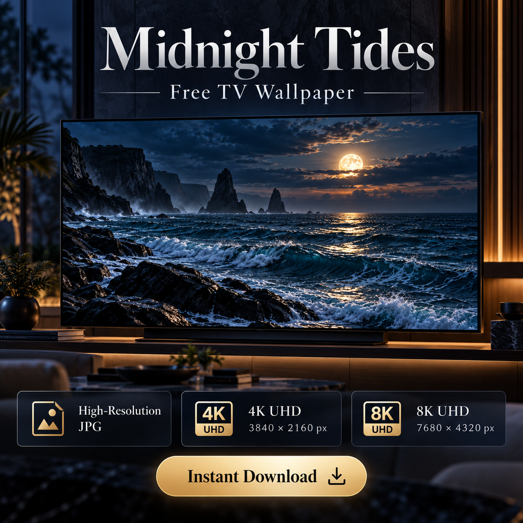 Midnight Tides dramatic night seascape TV wallpaper shown on a modern display