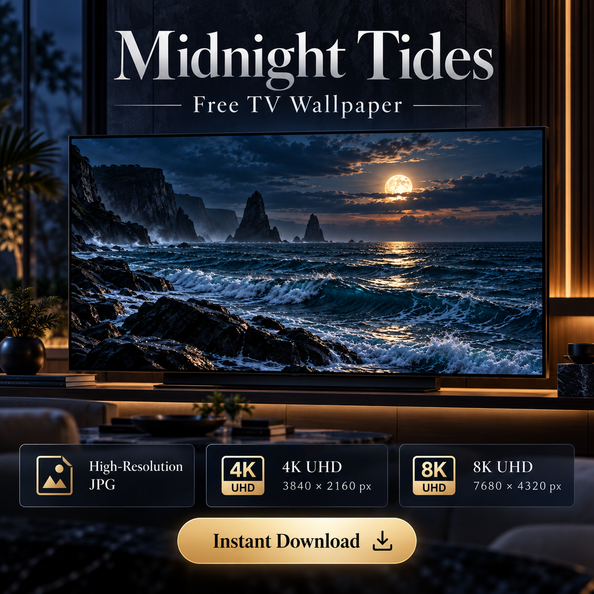 Midnight Tides dramatic night seascape TV wallpaper shown on a modern display