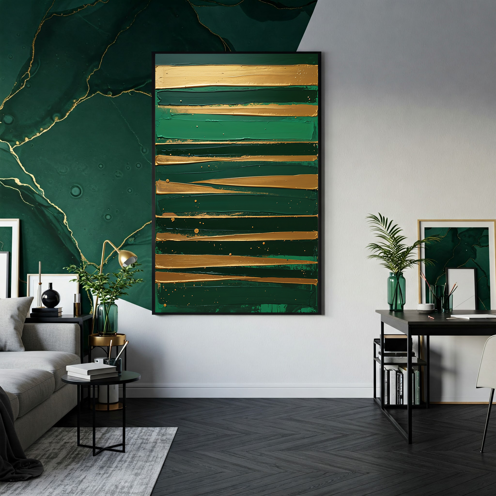 Golden Brushstrokes Green Abstract Wall Art | Digital Download