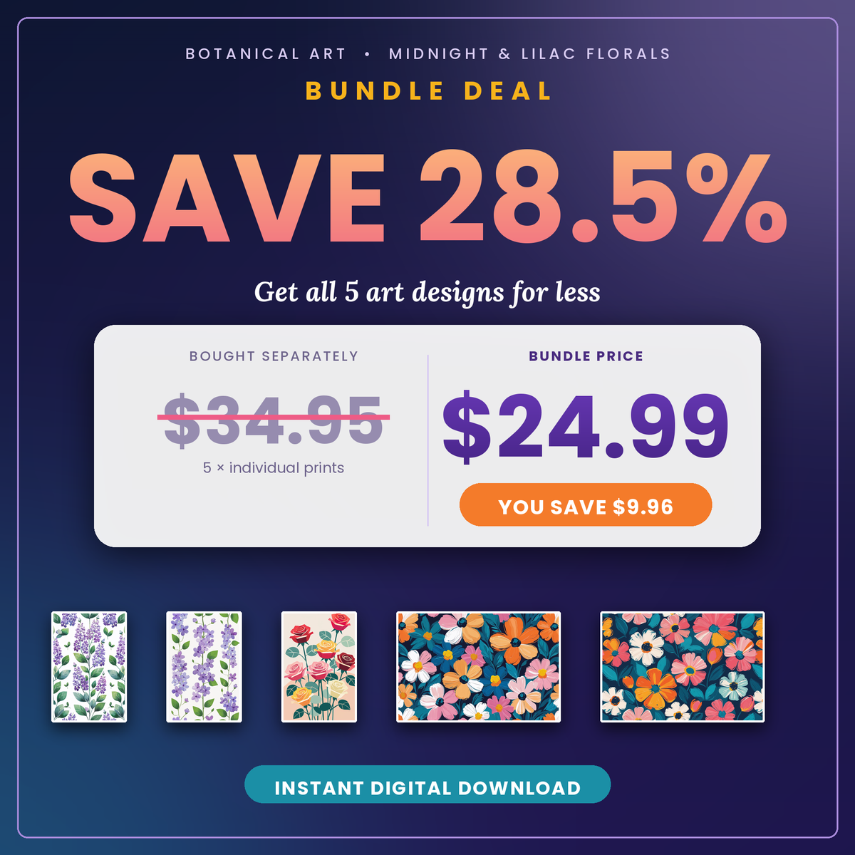 Midnight & Lilac Florals - 5 Premium Botanical Wall Art Prints Bundle