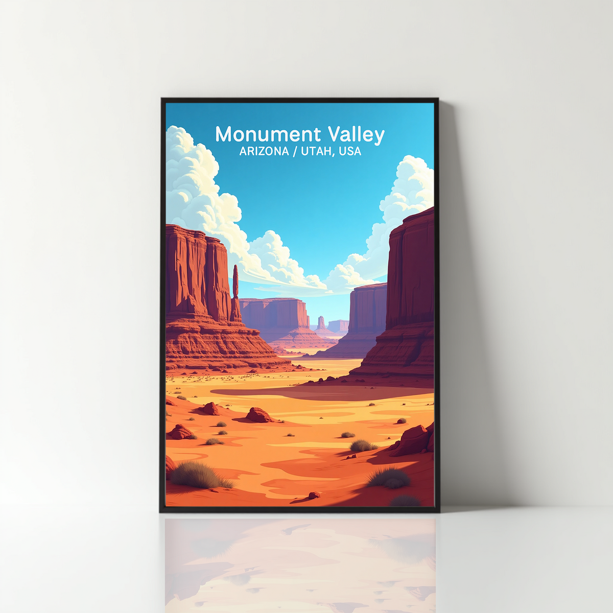 Monument Valley travel poster with burnt orange red sandstone golden desert and blue sky
