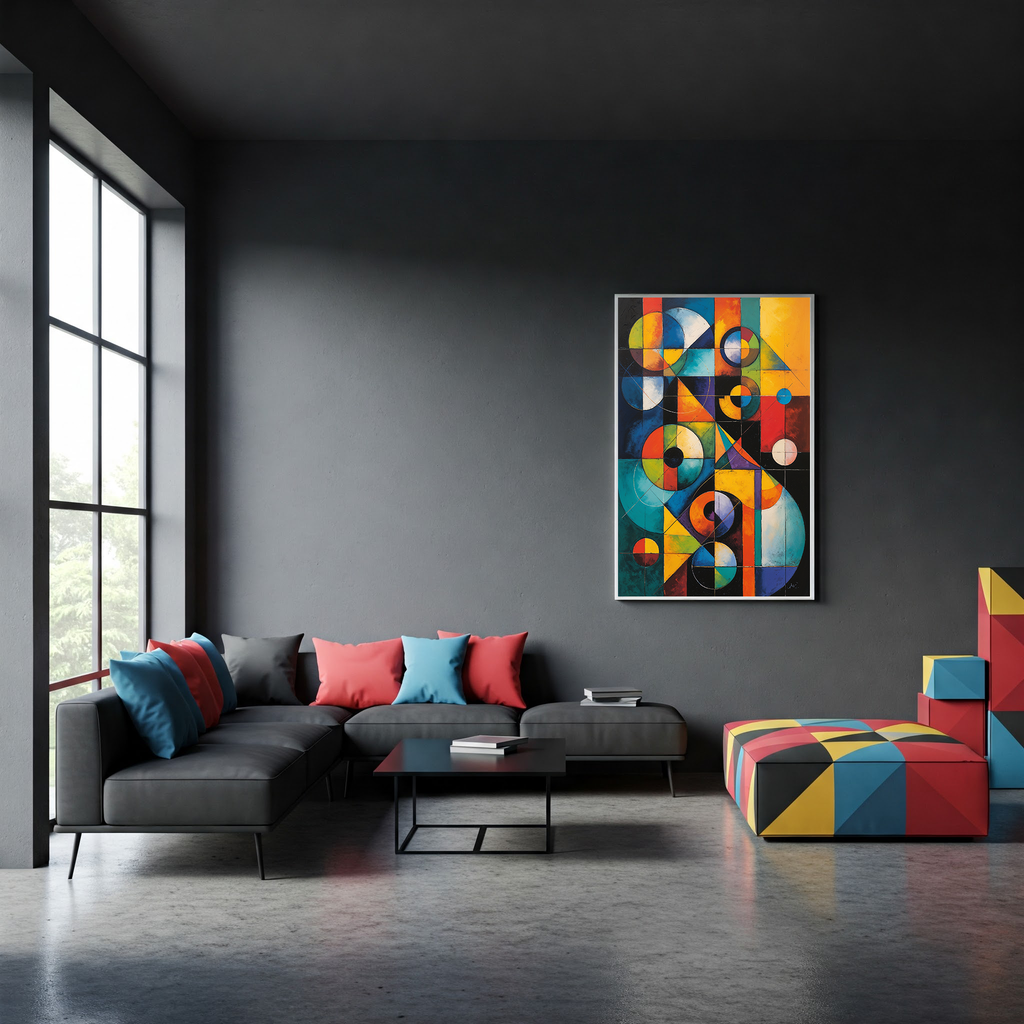 Reflectionare Abstract Elements II digital oil painting print featuring modern Bauhaus geometric shapes for wall art decor.