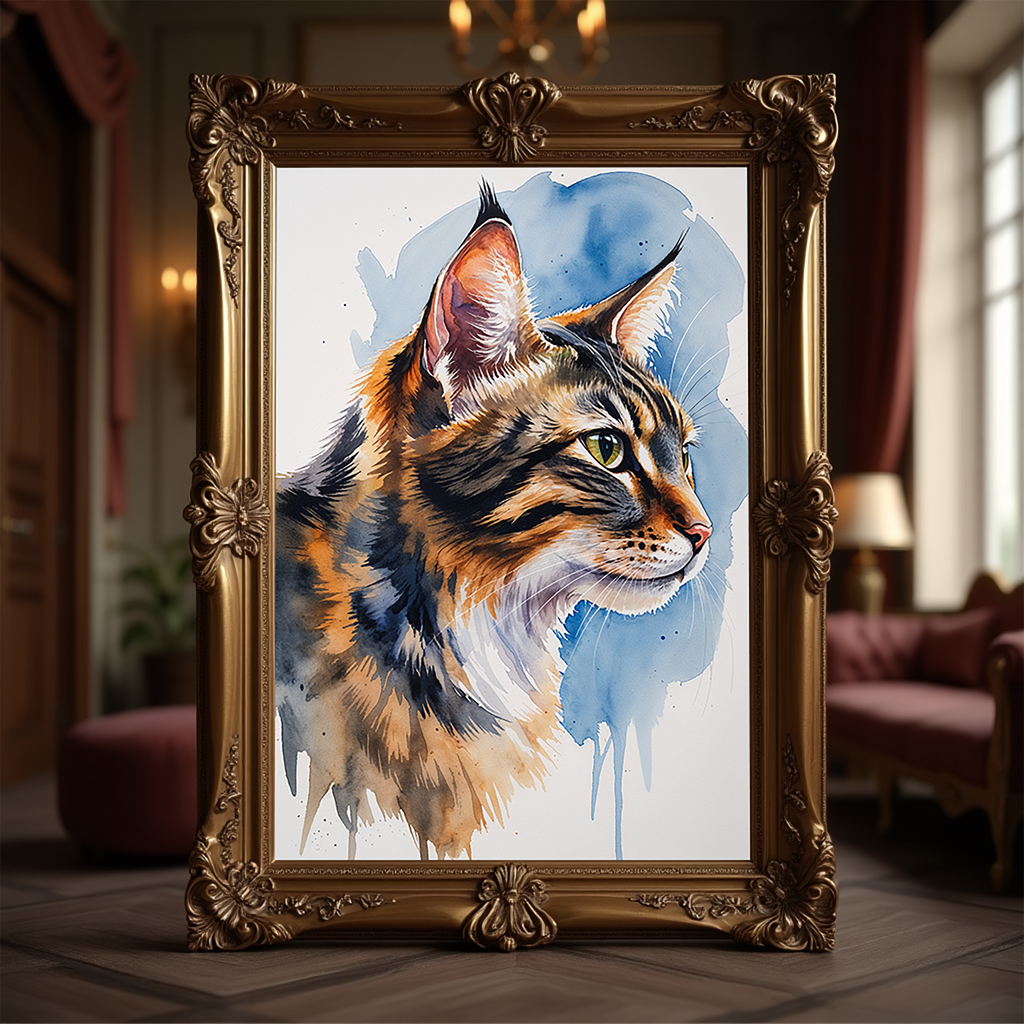 Watercolor Siberian cat portrait in an ornate gold frame