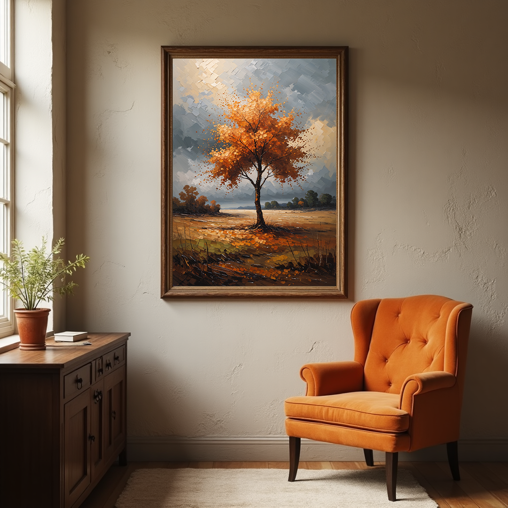 Vintage golden tree scene digital art by Reflectionare, impressionist autumn landscape with vibrant fall foliage and warm tones.