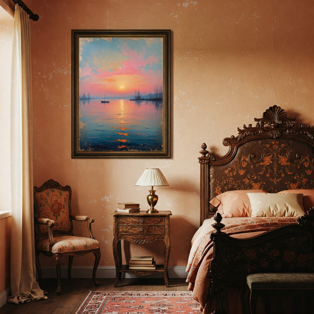 Serene Sunset Boat Painting Lake Seascape | Digital Download