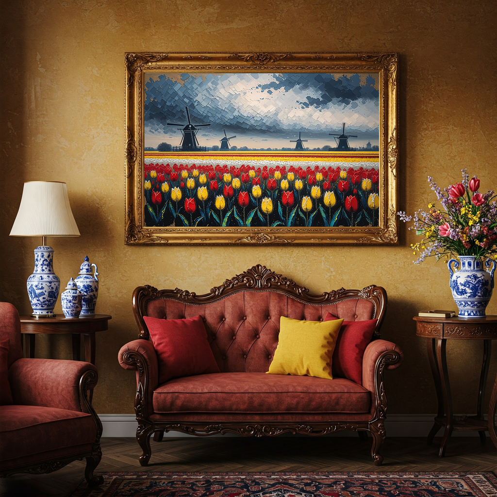 Dutch Tulip Field Windmill Oil Painting | Digital Download