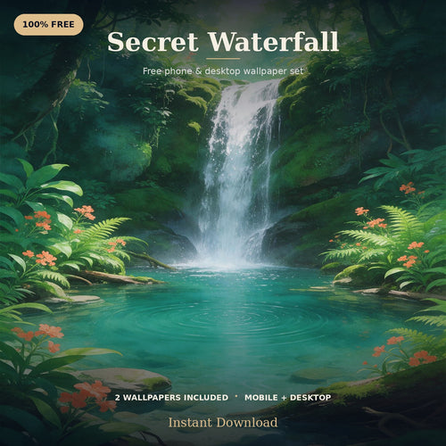 Desktop wallpaper preview of a lush jungle oasis with a secluded waterfall and lagoon.