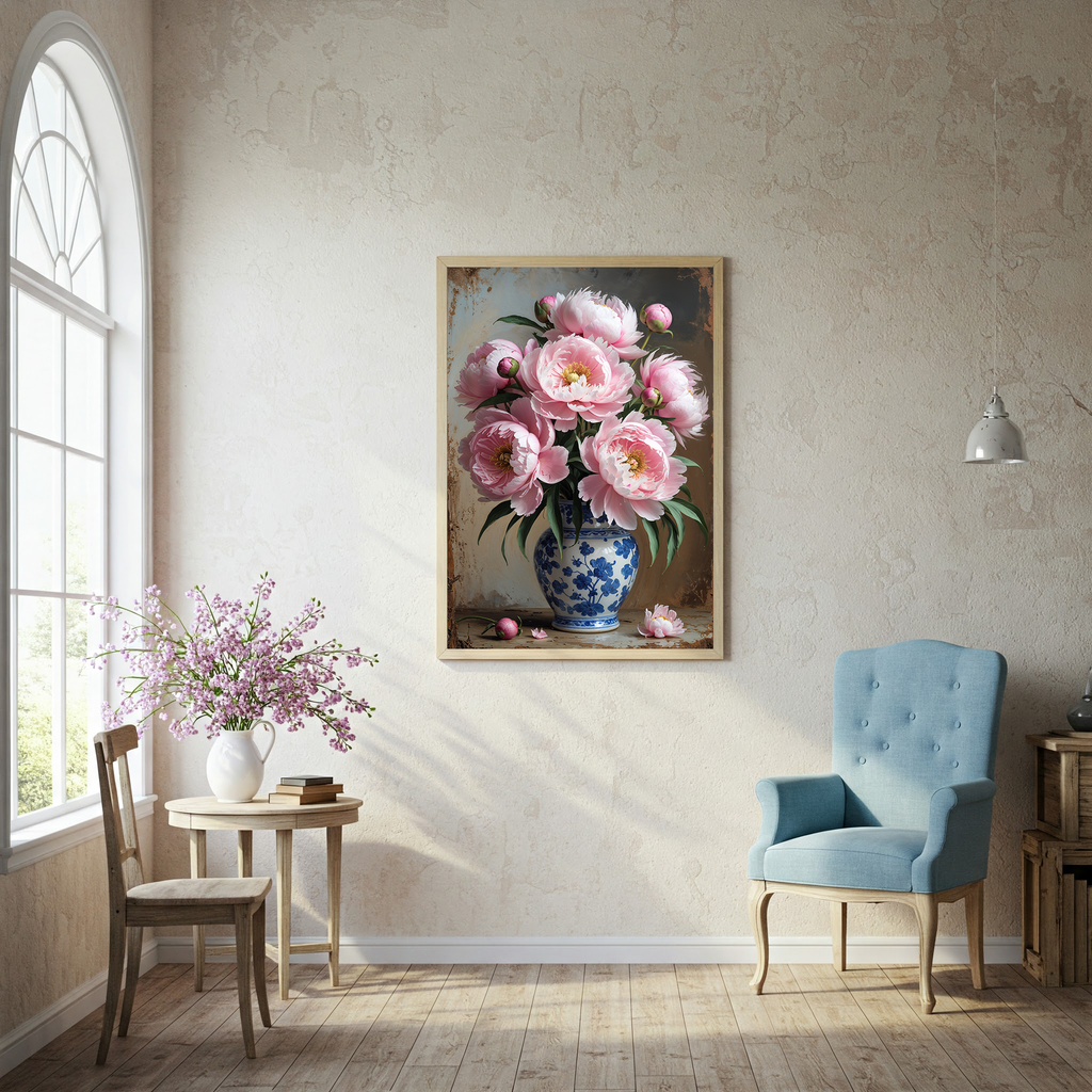 Vintage Pink Peony Bouquet Wall Art Print | Impressionist Floral Decor