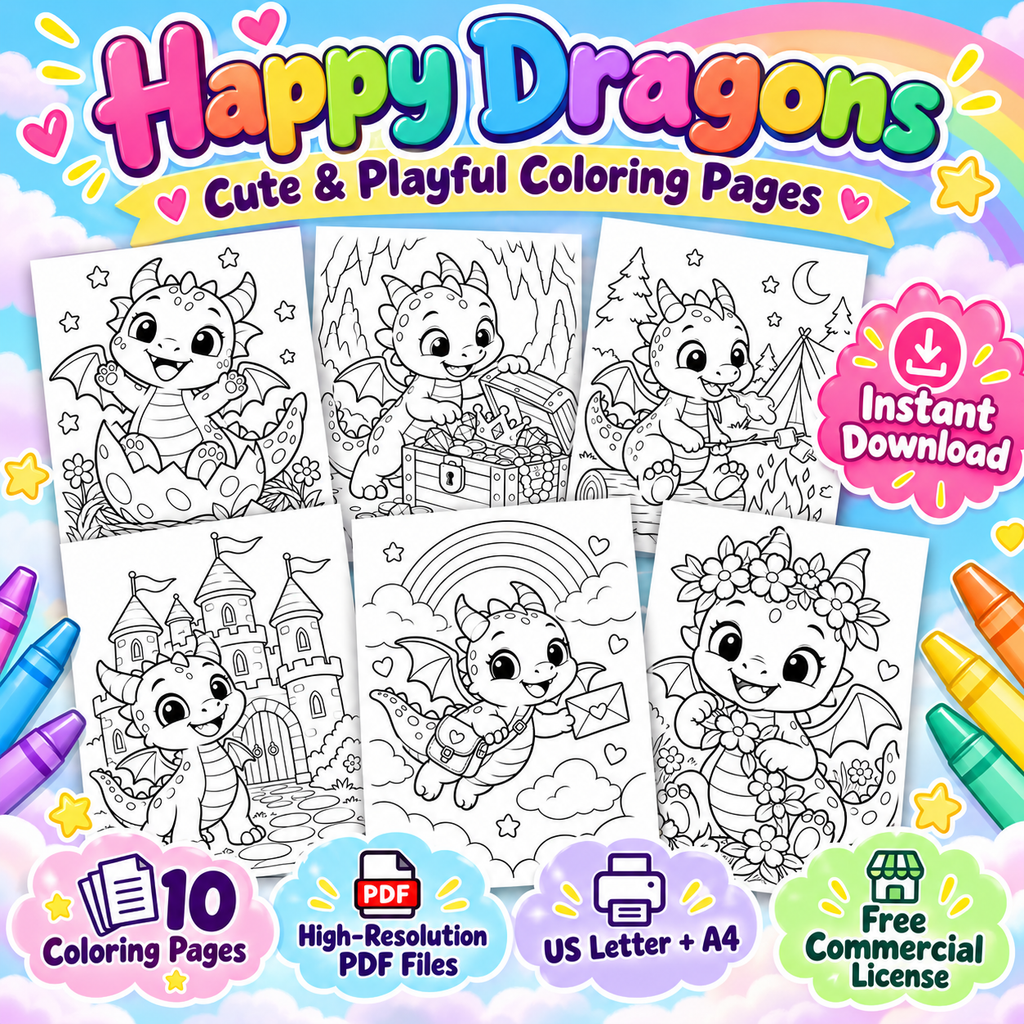 Cute baby dragon coloring pages from the Happy Dragons printable set