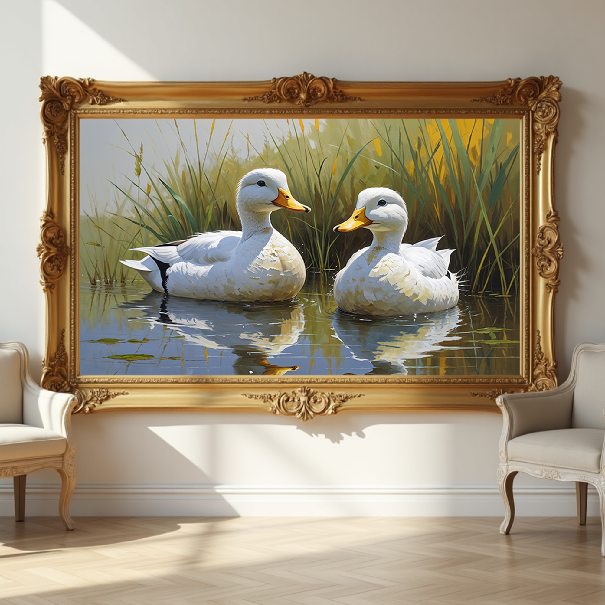 Vintage White Ducks Pond Painting Wall Art | Digital Download