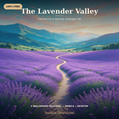 Desktop wallpaper preview of a lavender valley framed by mountains and a colorful sky.