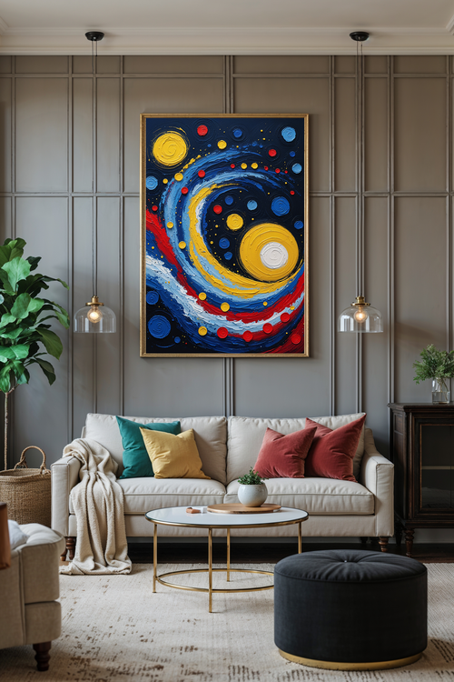 Abstract cosmic swirl impasto oil painting print by Reflectionare featuring a textured celestial seascape digital art piece.