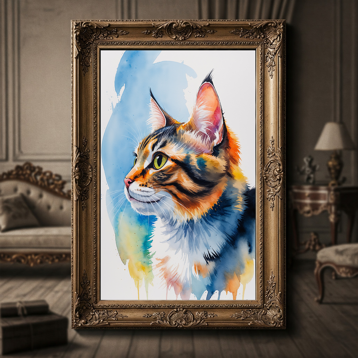 Watercolor tabby cat portrait in an ornate gold frame