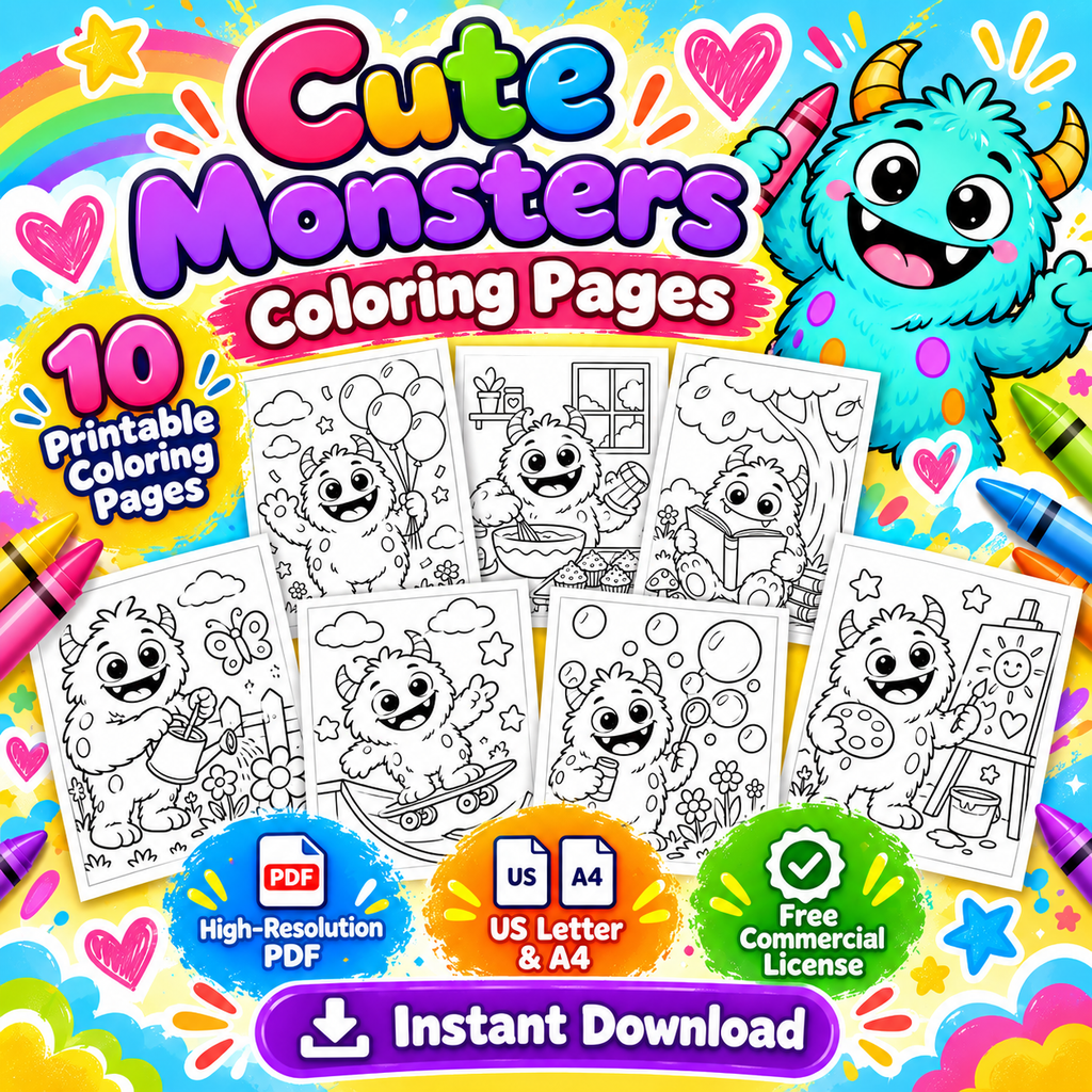 Friendly monster coloring pages from the Cute Monsters printable set