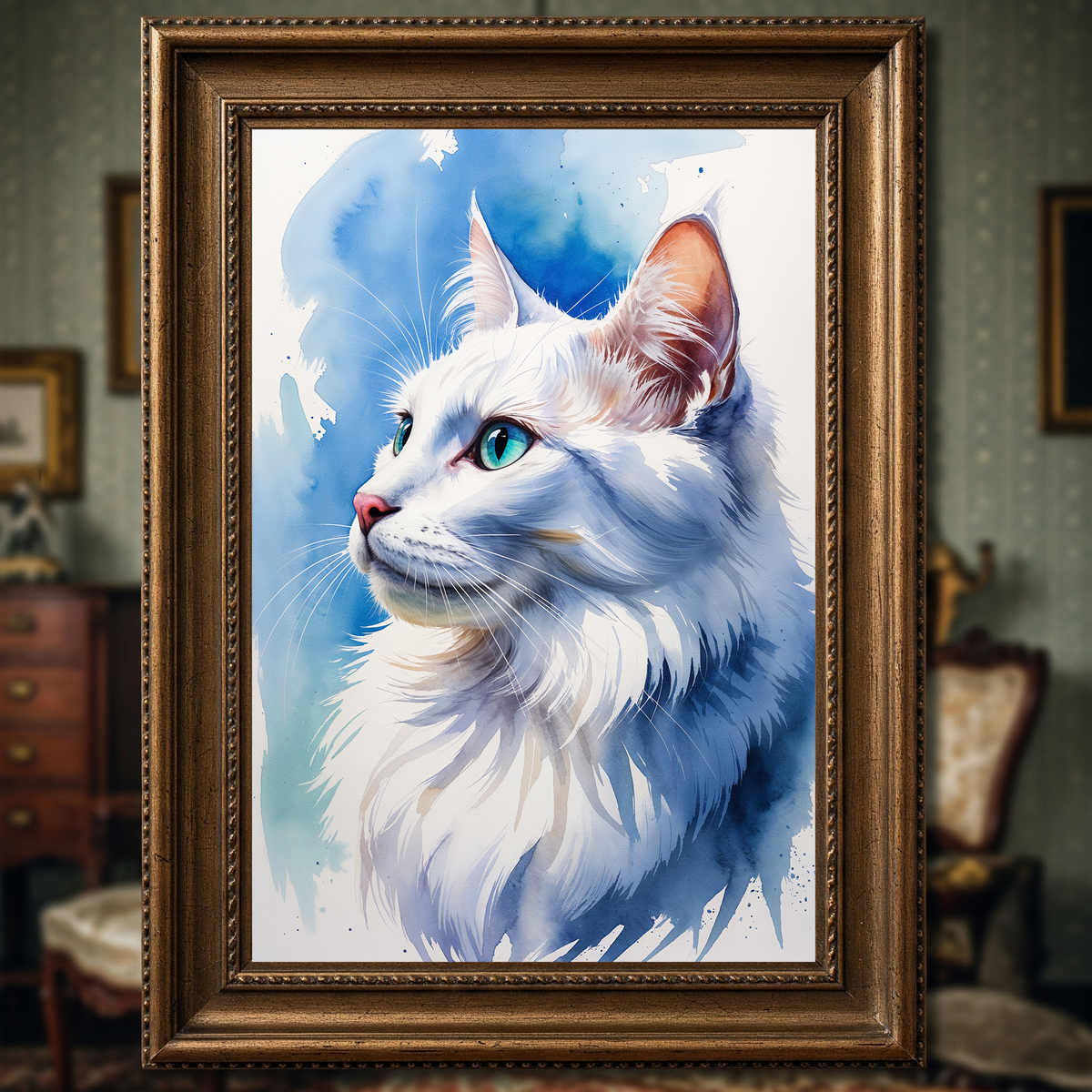 Watercolor white Angora cat portrait in an ornate gold frame