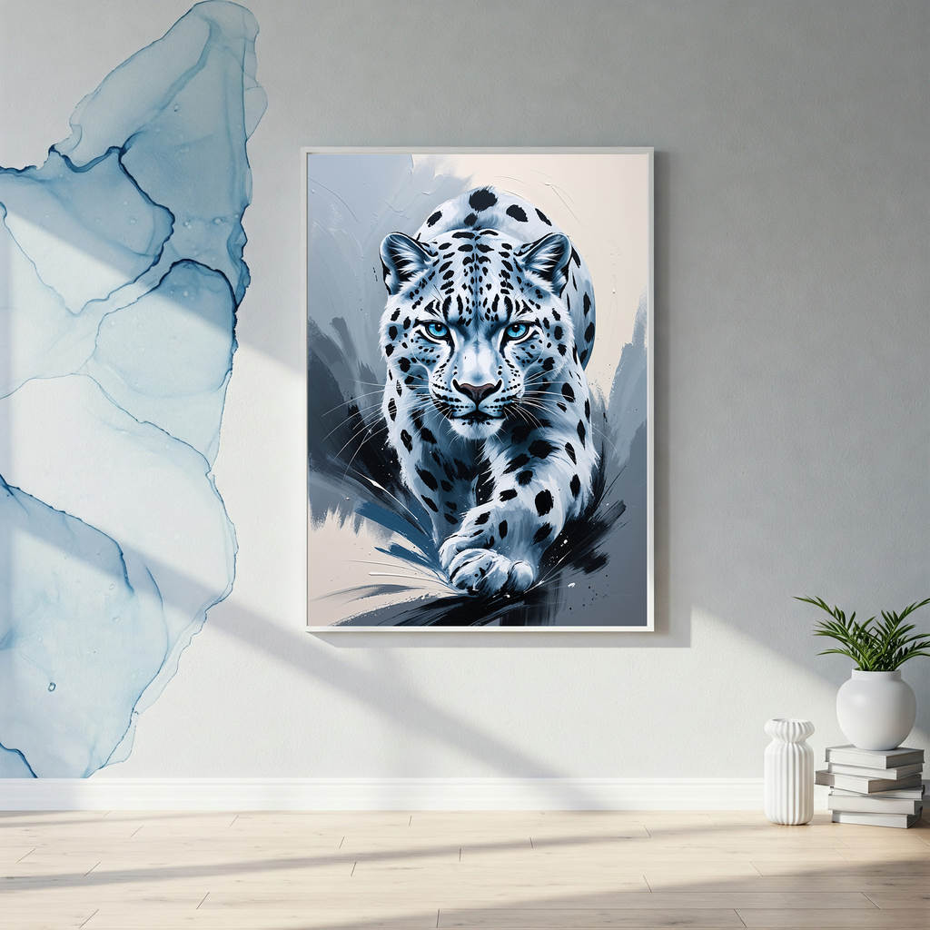 Abstract snow leopard digital art print by Reflectionare, modern wildlife wall decor featuring a stylized snow leopard illustration.