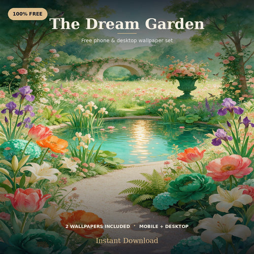 Desktop wallpaper preview of a scenic flower garden with a tranquil reflective pond.