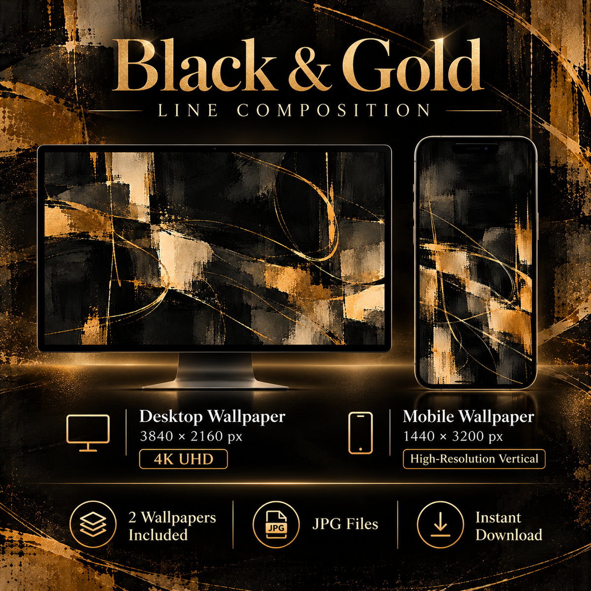 Black & Gold Line Composition – Free 4K Wallpaper | Digital Download