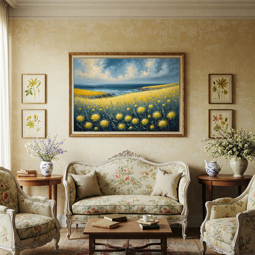 Yellow Wildflowers Ocean Coast Oil Painting | Digital Download