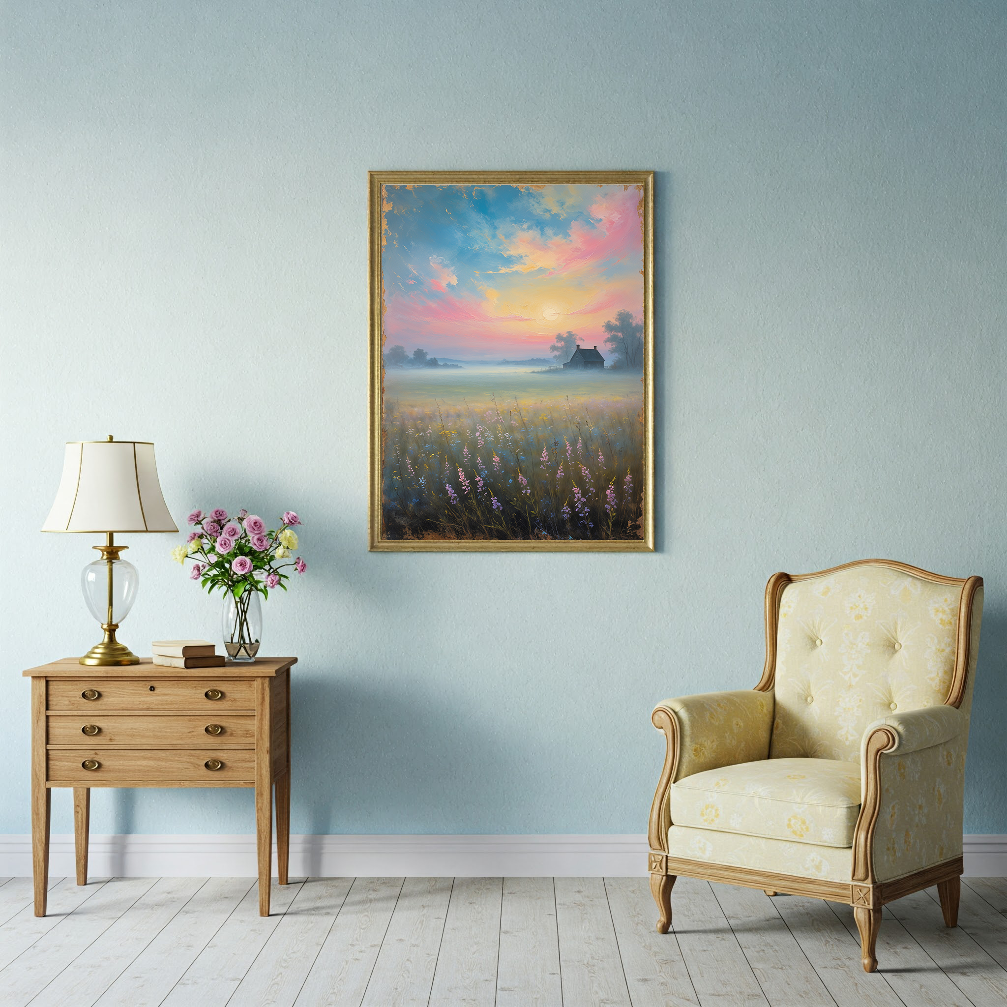 Vintage countryside sunrise digital art print by Reflectionare featuring a retro landscape wall decor scene with warm colors and scenic nature view.