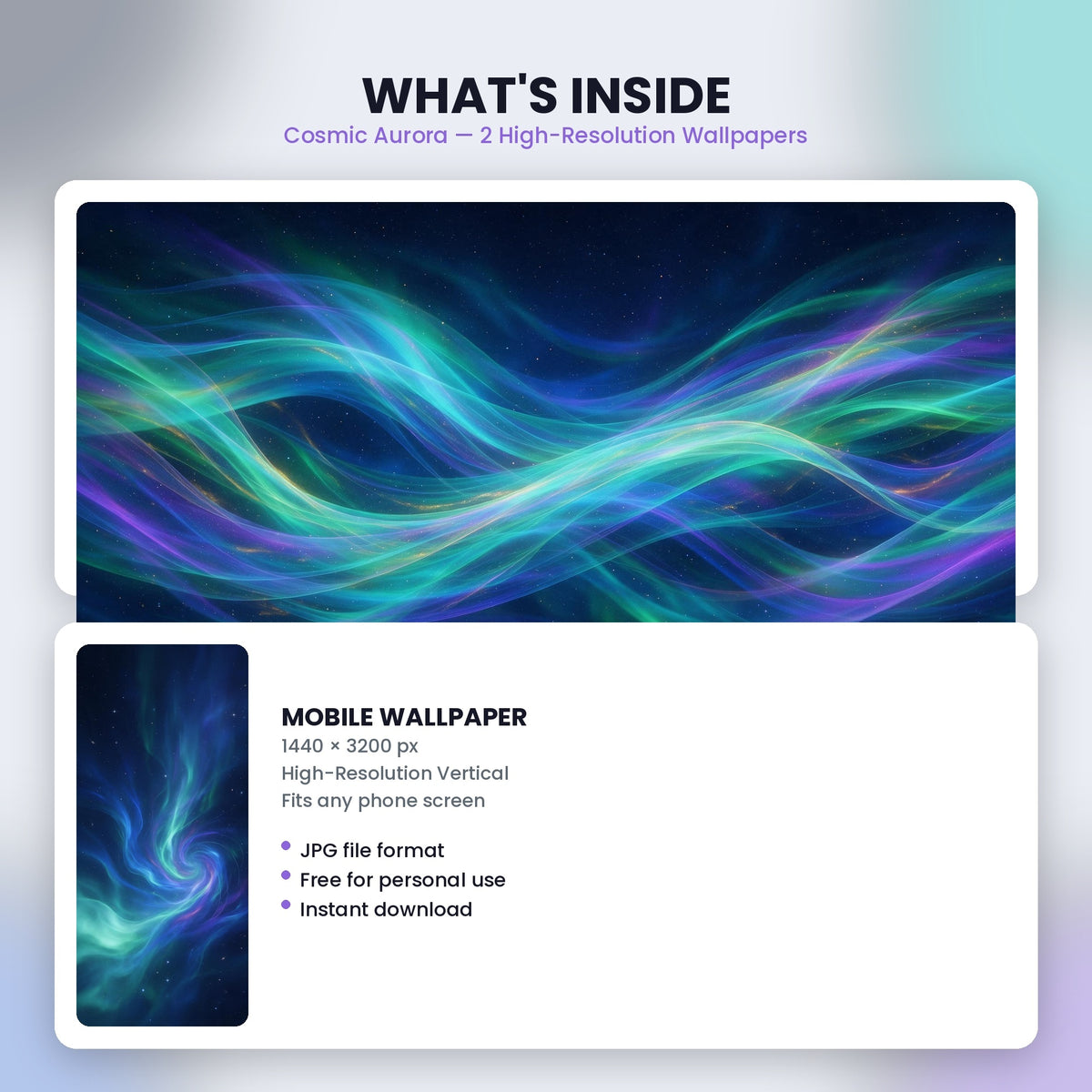 Cosmic Aurora desktop and mobile wallpaper files preview with included download details