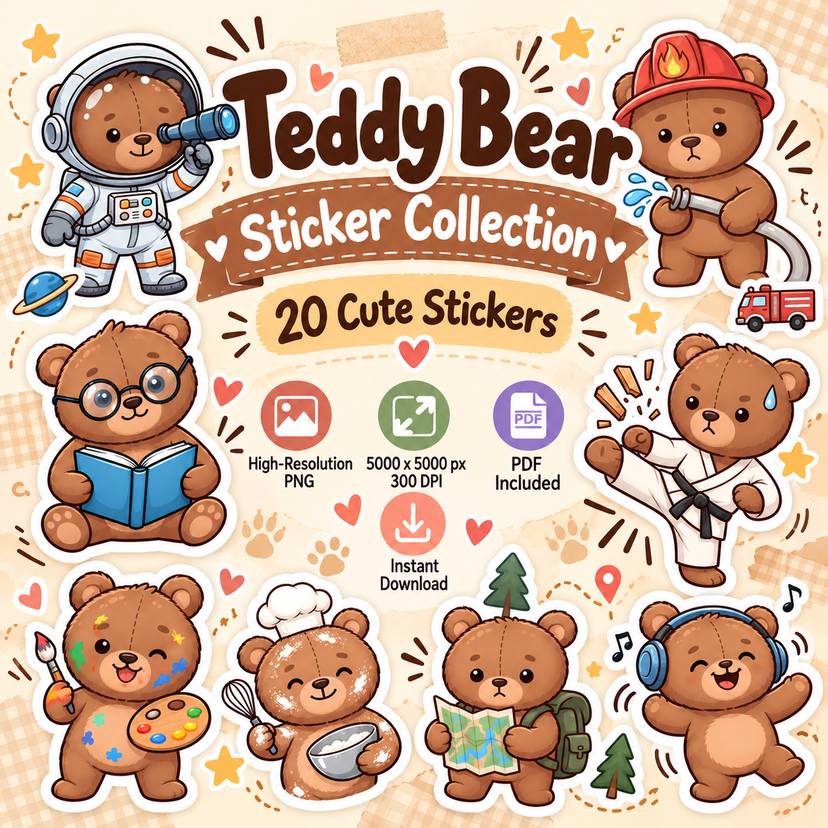 Cute Teddy Bear Stickers PNG Clipart Pack | Digital Download