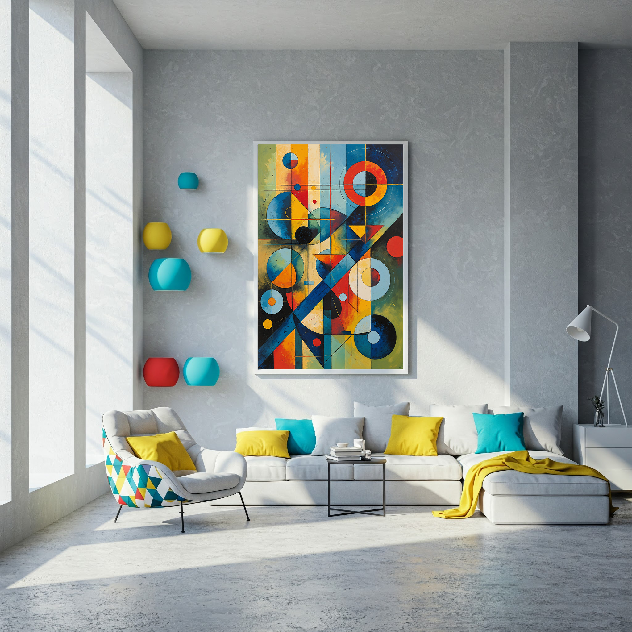 Modern Bauhaus style digital art print featuring abstract geometric elements, wall decor by Reflectionare.