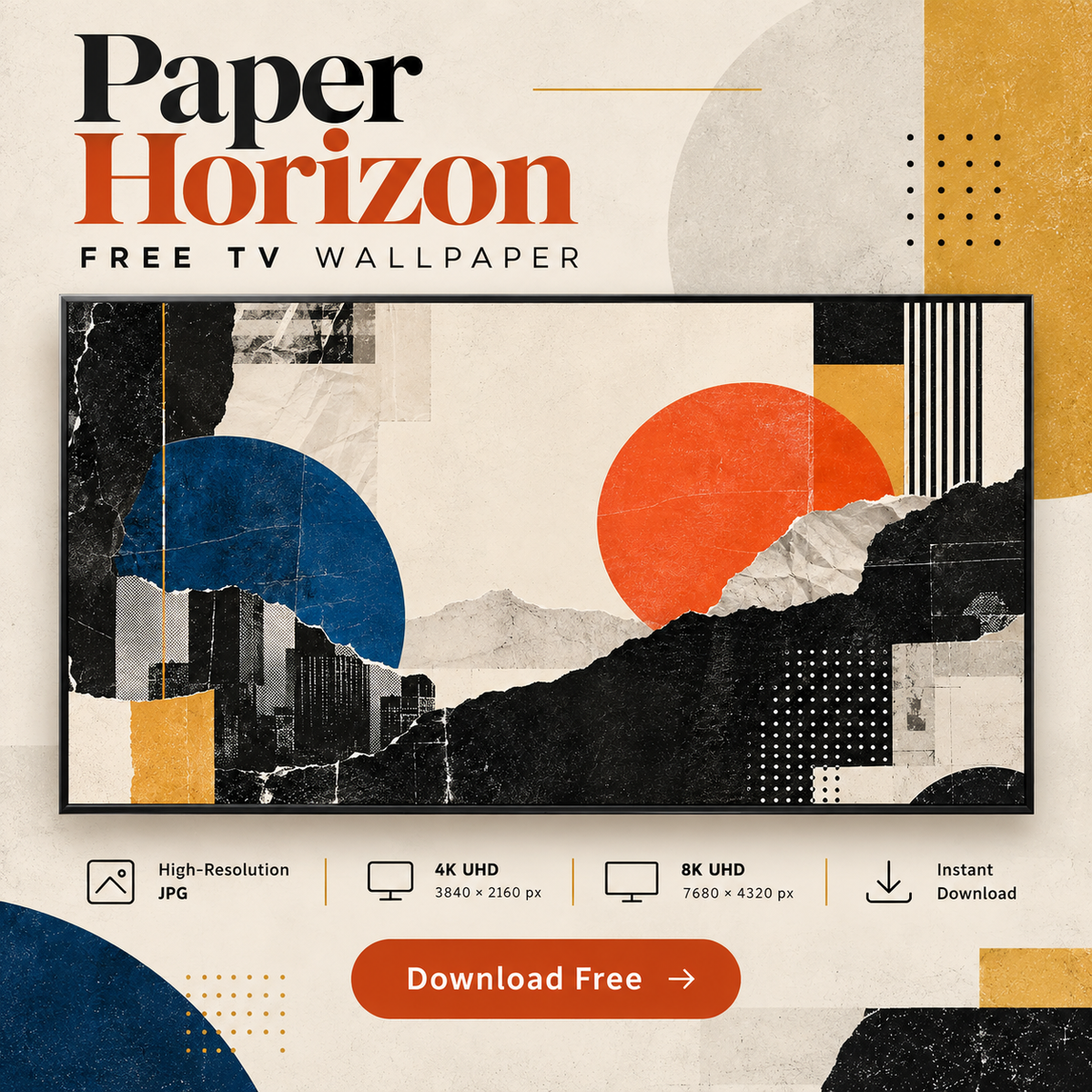 Paper Horizon mid-century paper collage TV wallpaper shown on a modern display